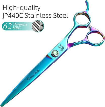 Fenice Peak 7.5'' Green Straight Dog Grooming Scissors Pet Shears with Ergonomic Offest Handle and Simulated Emerald Screw 440C Grooming Scissors Trimming Shears Durable and Sharp