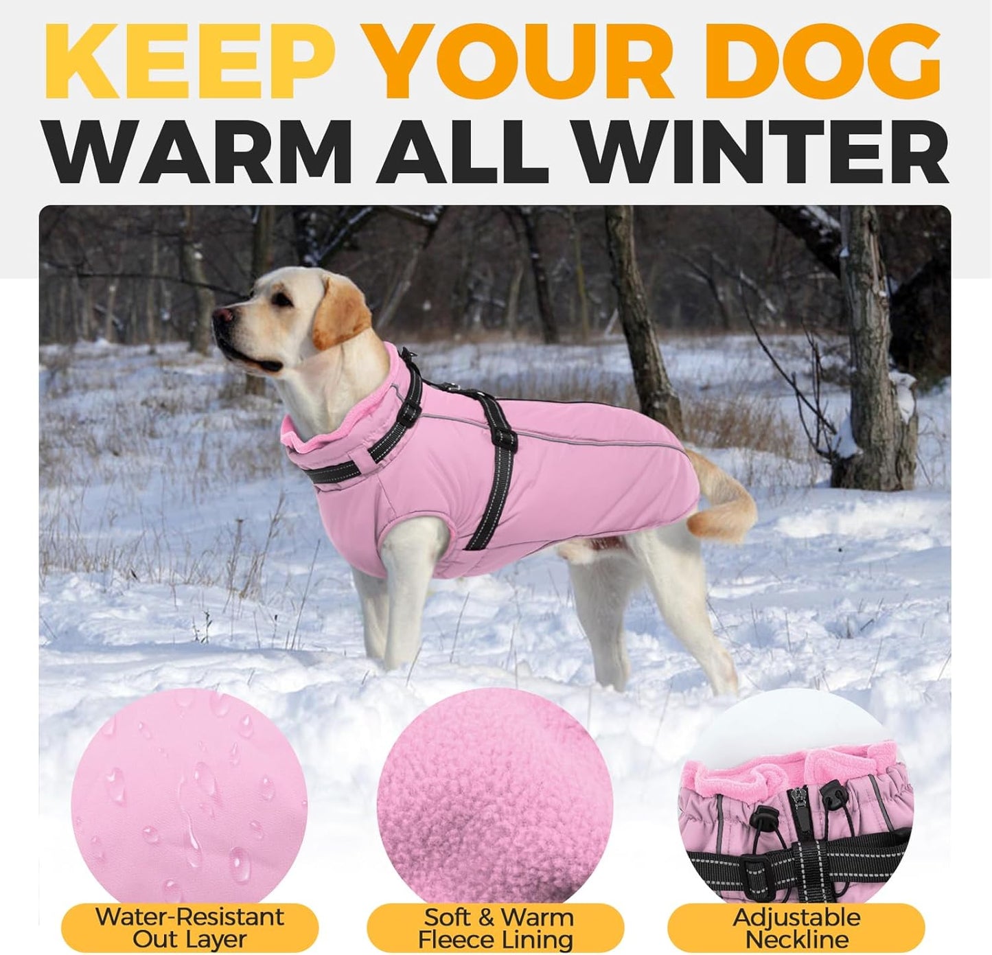 Lelepet Warm Dog Winter Coat Waterproof Dog Jacket with Harness Built in Windproof Reflective Fleece Jacket, Dogs Coats for Lage Dogs, Cozy Thermal Pet Snowsuit for Outdoor, French Bulldogs, Pink, L