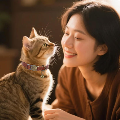 Cat Collar Breakaway, Personalized Leather Cat Collar with Bells-Adjustable Customized Collar with Name & Phone Number Tag for Girl Boy Cats -Quick Release Buckle for Cats & Kittens(Brown)