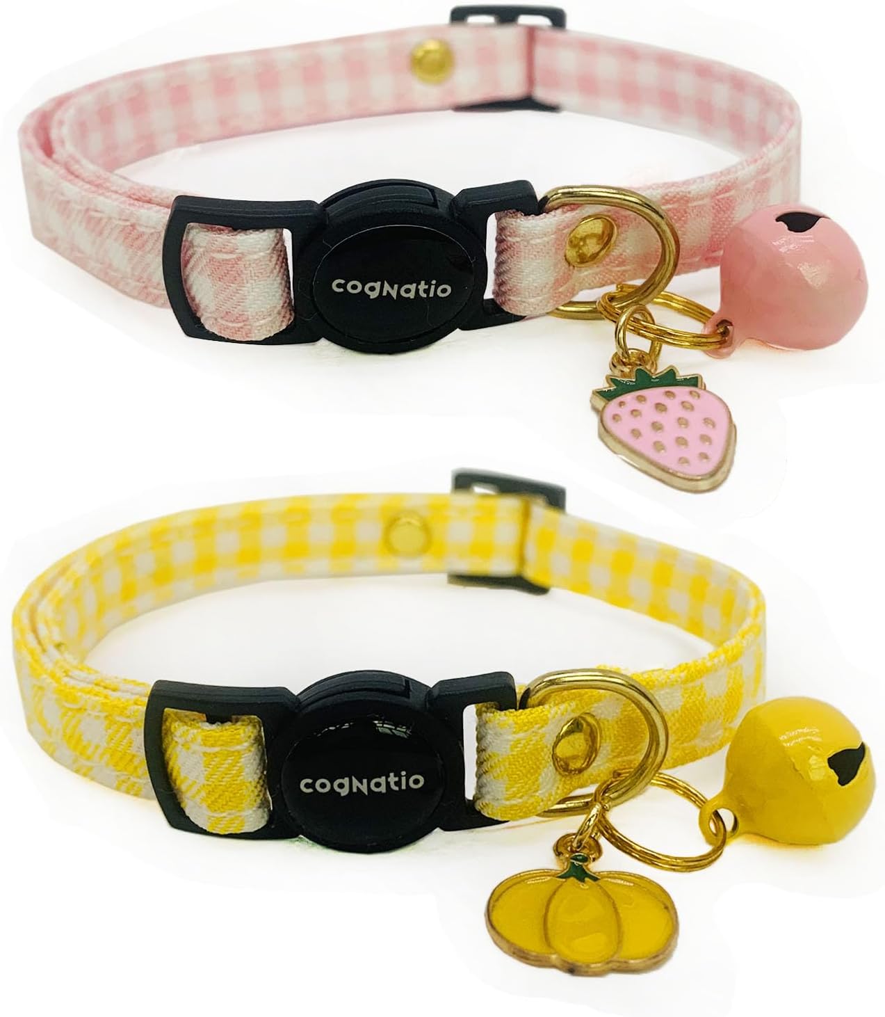 2 Pack Cotton Breakaway cat Collars with Bell,Safety Quick Release Pendant Cute Kitten Collar,Adjustable 20-30cm (Baby Pink+Lemon, 20-30cm)