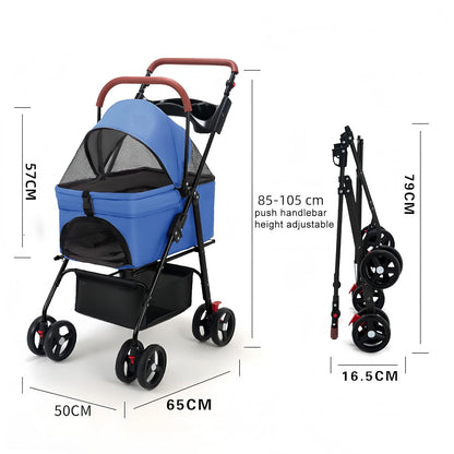 Pet Stroller Pram Dog Carrier Trailer 4 Wheels Foldable Dog with Storage Basket,Holds up to 44 lbs,Adjustable Handle,Folding Travel Stroller Suitable for Traveling with Cats and Dogs (Blue)