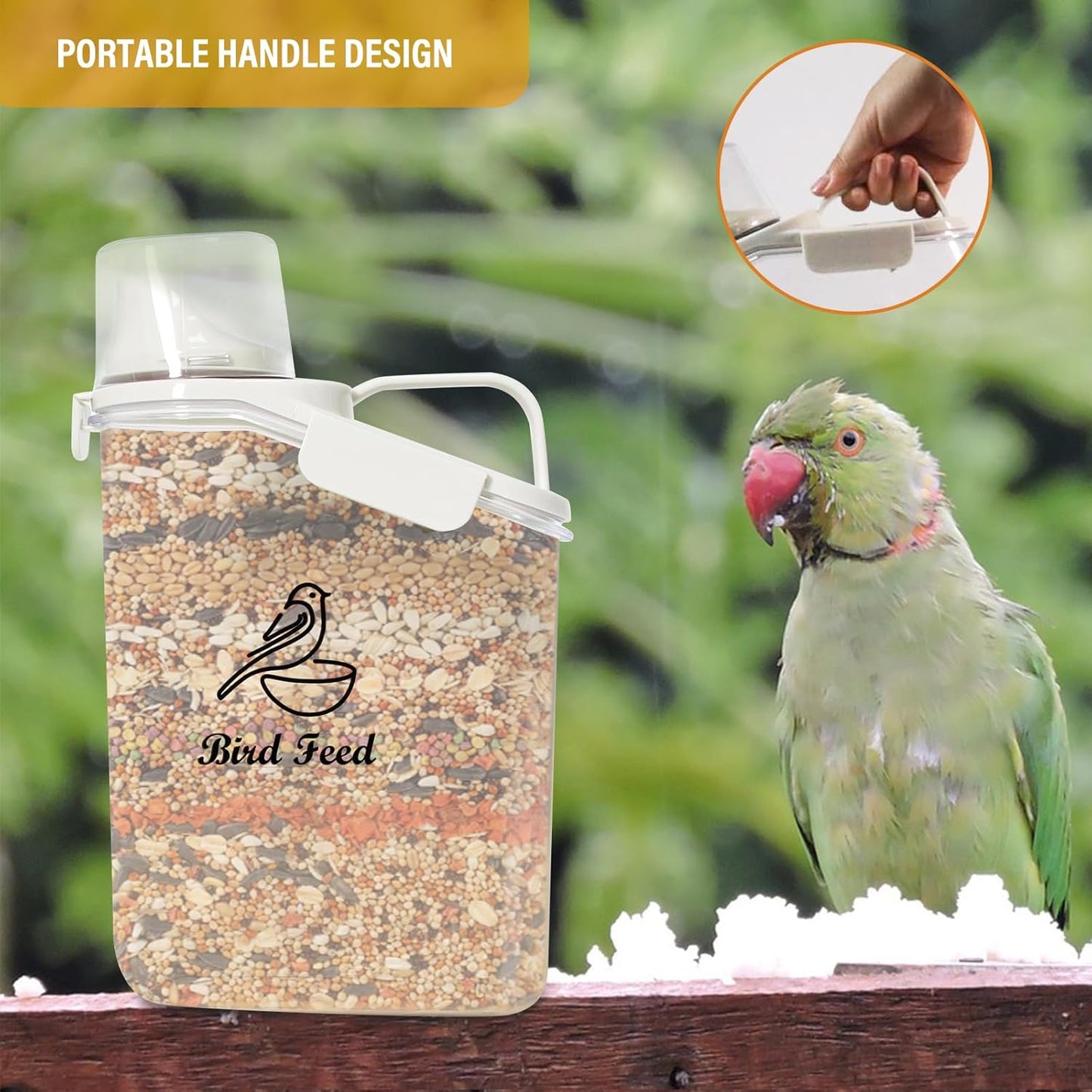 Bird Seed Storage Container Portable-3 Qt/2.8 L Clear Plastic Pet Food Container-with Measuring Cup,Airtight Wild Bird Seed Dispenser for Storing Sunflower Seed|Squirrel proof|BPA Free-White