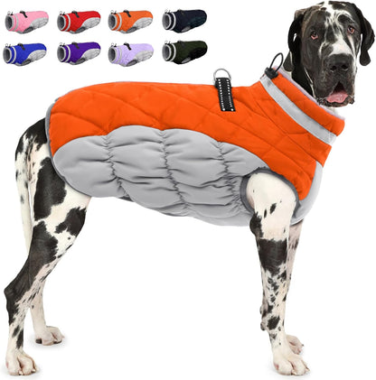 AOFITEE Dog Coat, Warm Dog Winter Coat for Large Dogs, Reflective Turtleneck Dogs Jacket with Harness Built in, Waterproof Windproof Pet Puffer Jacket Fleece Vest for Cold Weather, Orange XXXL