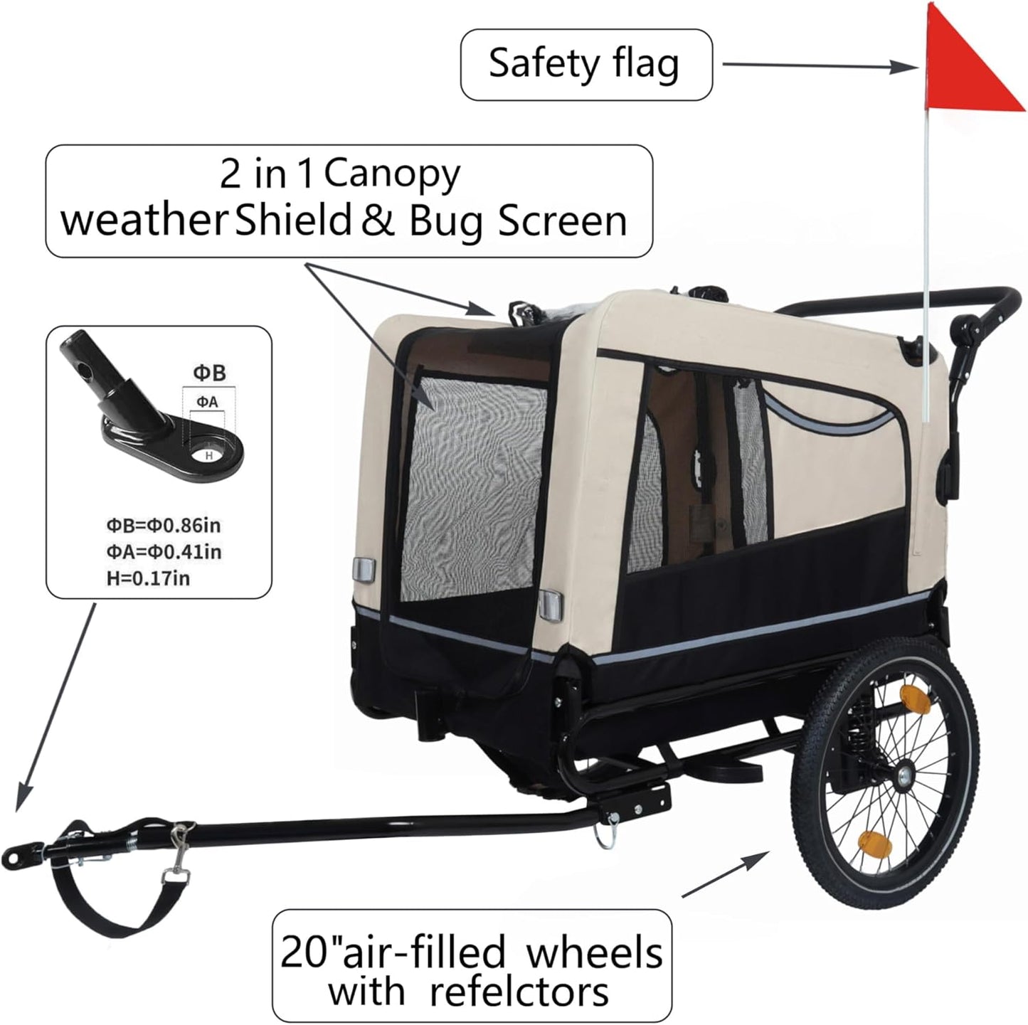Pet Bike Trailer for Dogs, 88LBS Capacity Dog Bicycle Trailer with 20" Pneumatic Rubber Wheels, Multi-Directional Ventilation, Waterproof Cover, Perfect for Cycling with Pets