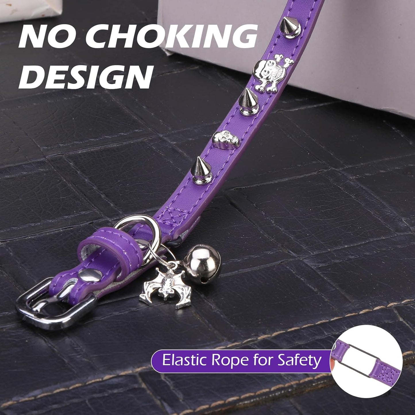 EXPAWLORER Leather Cat Collar for Girl Boy- Adjustable Pet Collar with Safety Elastic Belt,Personalized Punk Accessories Buckle Collars with Bell & Durable D-Ring,Rivet(Purple)