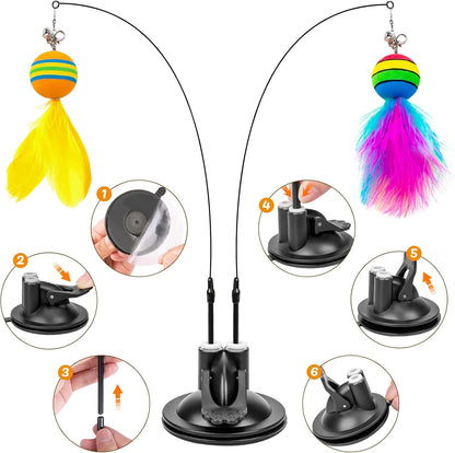 Cat Toys Wand, Interactive Cat Toy with Super Suction Cup Sticky Detachable 12 PCS Feather Replacements 2 Wands Cat Spring Feather Toys for Indoor Cats Kitten Toys (9 Toys Double Headed)