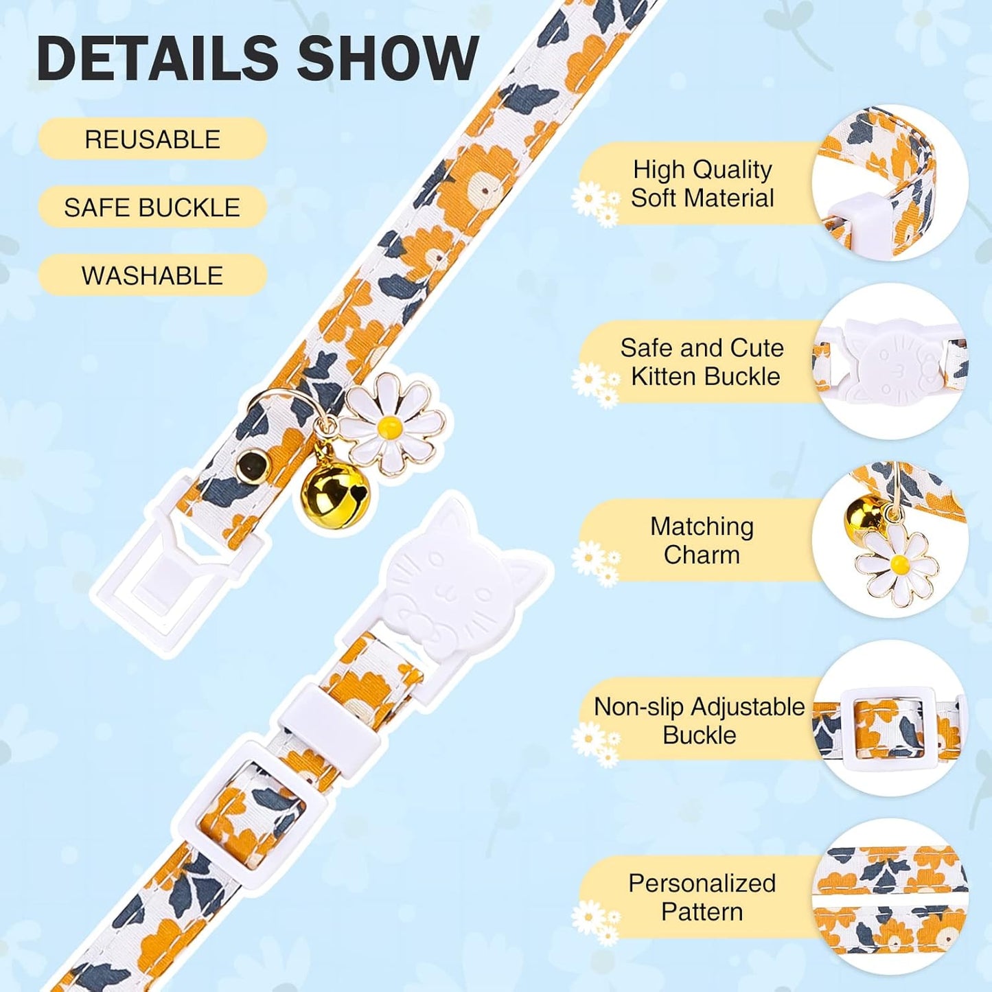3 Pack Breakaway Cat Collars with Bell- Flower Pendant Spring Cat Collar for Girl Boy Cats with Safety Buckle- Cute Kitten Collar Adjustable 8"-12" for Kitty Puppy Small Pets