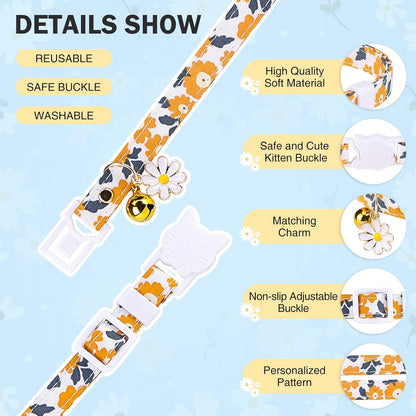 3 Pack Breakaway Cat Collars with Bell- Flower Pendant Spring Cat Collar for Girl Boy Cats with Safety Buckle- Cute Kitten Collar Adjustable 8"-12" for Kitty Puppy Small Pets