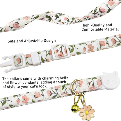 2 Pack Cotton Breakaway Cat Collars Set with Bell and Flower Pendant, Cute Floral Fruit Patterned, Adjustable 7.5-11Inch, Include A Mouse Toy Gift