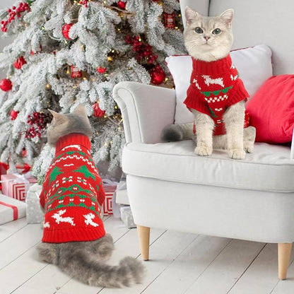KOOLTAIL Cat Sweater Turtleneck- Soft Knit Cat Christmas Sweaters for Cats Only, Elk Christmas Tree Pattern Thick Warm Cold Weather Pet Clothes Outfit for Small Medium Large Size Kitten Puppy Red M