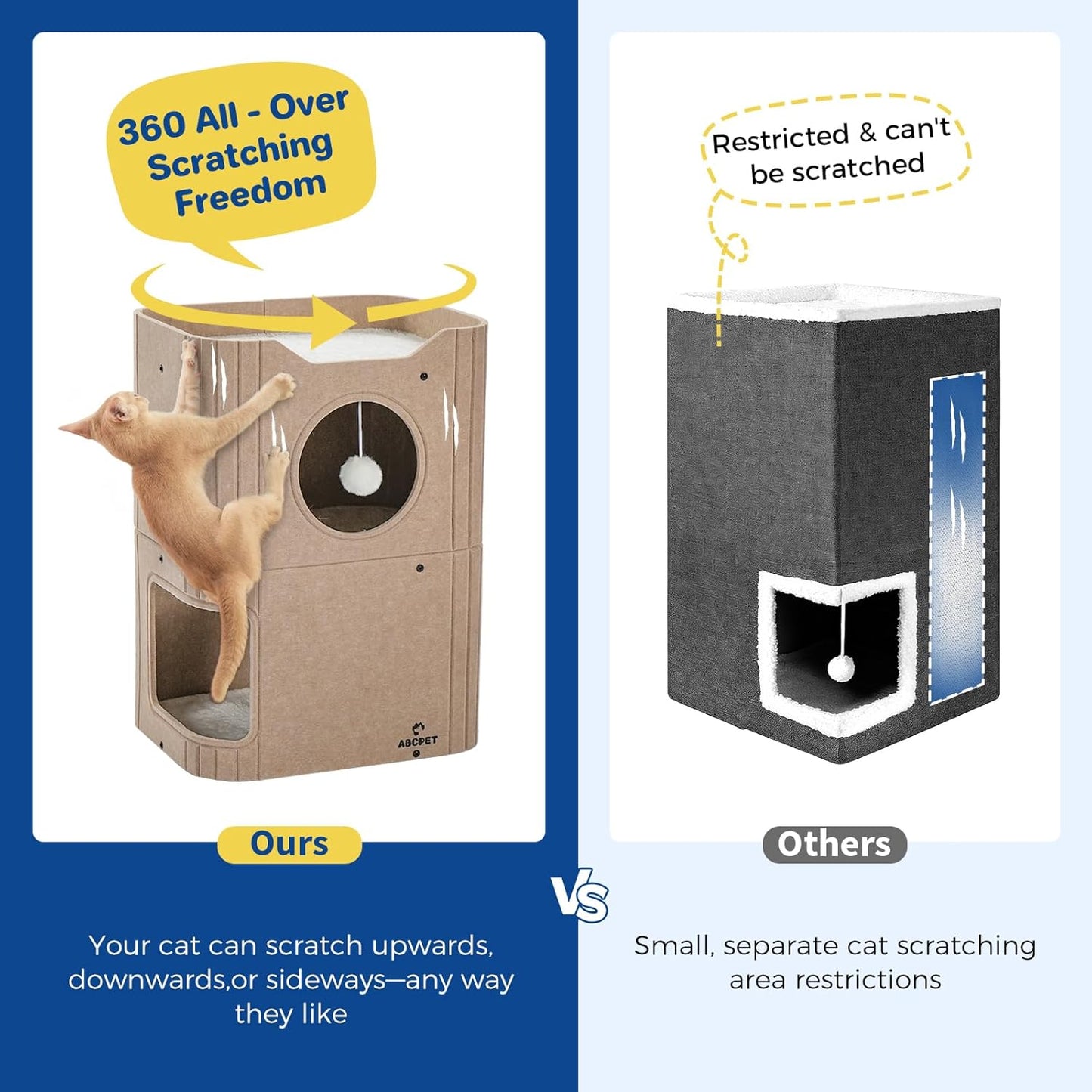 Cat House for Indoor Cats Large Cat Bed Cave 2-Storey Cats Condo with Cozy Felt Covered Hideaway for Multiple Pets Beige