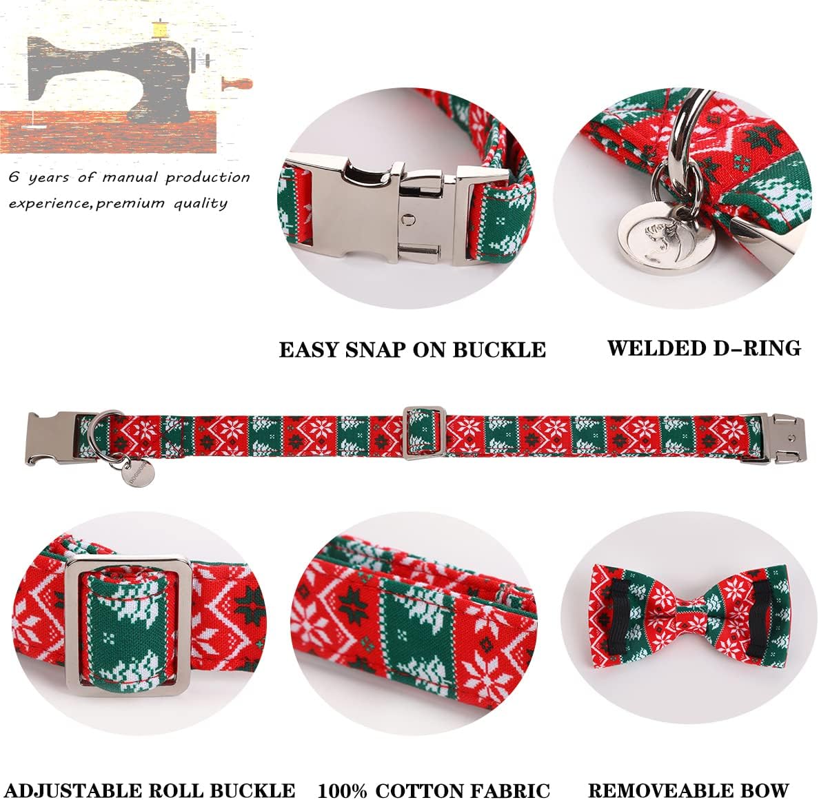 DOGWONG Christmas Dog Collar with Bow tie, Red Green Strip Snowflake Dog Collar Soft Durable Adjustable Cotton Puppy Collar for Small Medium Large Dog