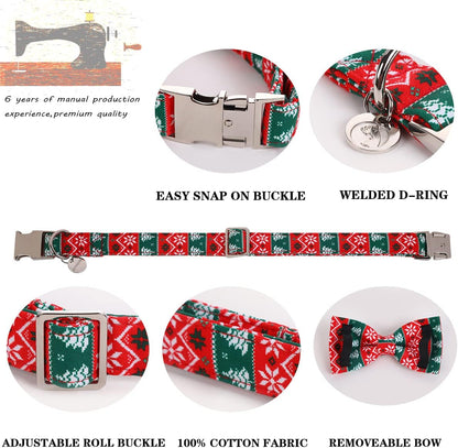 DOGWONG Christmas Dog Collar with Bow tie, Red Green Strip Snowflake Dog Collar Soft Durable Adjustable Cotton Puppy Collar for Small Medium Large Dog