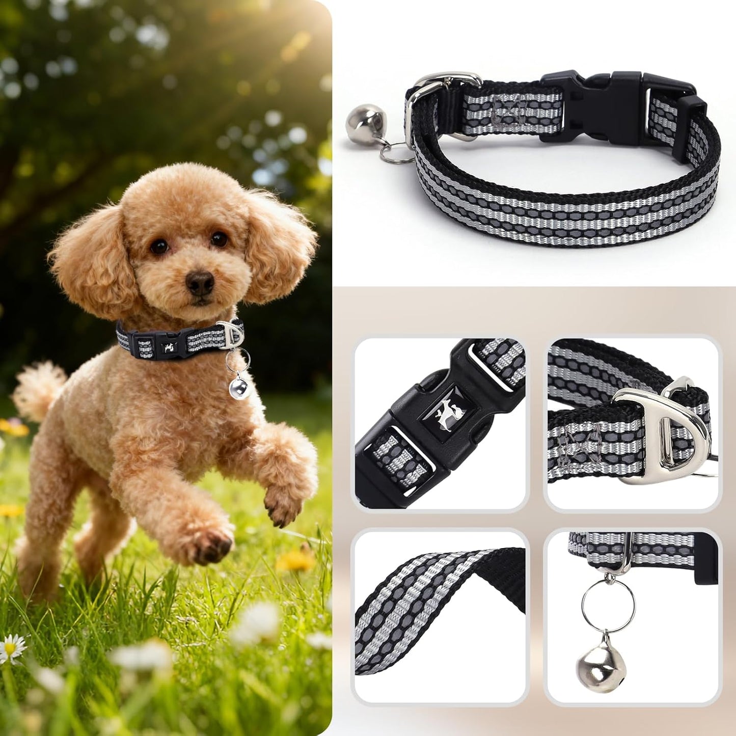Reflective Dog and Cat Collar with Bell - Hypoallergenic Adjustable Puppy Collar for Small Pets, Soft Nylon Night Safety with Reflective Strips (Silver, XS)