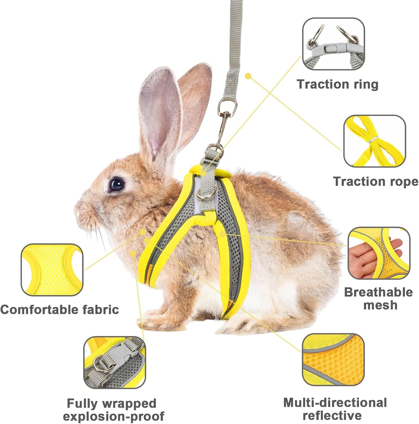 2 Pack Rabbit Harness and Leash Set, Double Buckle Bunny Harness with Reflective Strips Soft Breathable Mesh Vest Harness for Rabbits Walks Accessories(Pink and Yellow)