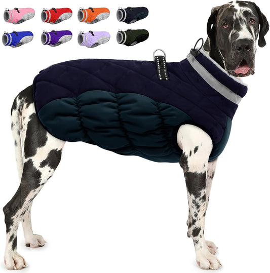 AOFITEE Dog Coat, Warm Dog Winter Coat for Large Dogs, Reflective Turtleneck Dogs Jacket with Harness Built in, Waterproof Windproof Pet Puffer Jacket Fleece Vest for Cold Weather, Navy XXXL