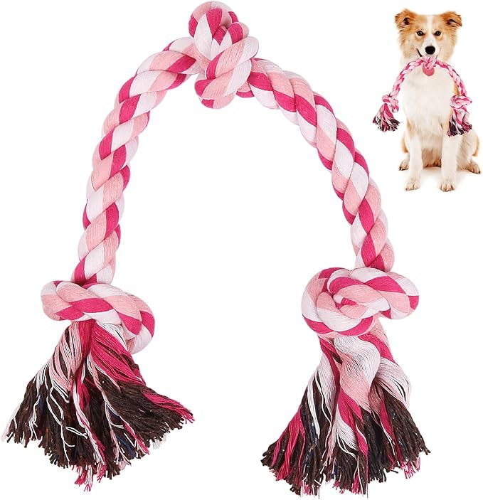 SZEE Dog Rope Toys, 24 in 3 Knots Chew Rope for Small, Medium and Large Dogs, Natural Cotton Pet Pull Toy for Tug of War and Teeth Cleaning (Pink)