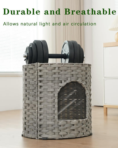 Cat House for Indoor Cat, Large Double Cat Houses Cat Bed Cave, Handwoven Rattan Pet Beds with One Soft Pad, 17 x 17 x 17 Inches Foldable Kitten Hideaway in Living Room Gray