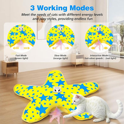 Rechargeable Interactive Cat Toys, Automatic Cat Toy for Indoor Cats, Durable Hide and Seek Cat Toy with Moving Concealed Feathers, Touch Activated Kitten Toys Cat Exercise Toys, Yellow Blue Cover