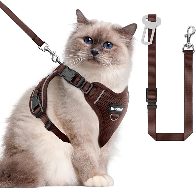 Cat Harness and Leash Set - Escape Proof Adjustable Cat Harness, Comfortable Soft Lightweight, Use Safe & Easy, Walking Travel Kitten Harness for Small Medium Large Cats, Brown, M(13-18lb)