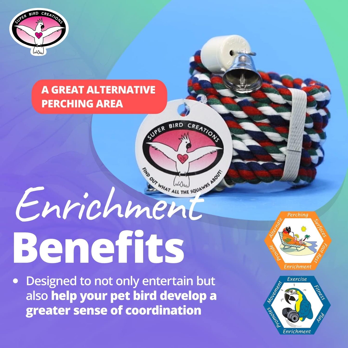 Super Bird Creations SB323 Small Bungee Bird Toy - Rope Perch for Canary, Parakeets, Cockatiels, Finch, Lovebirds - Colorful Hanging Perch - Enriching Bungee Toy for Small Birds & in Bird Cages