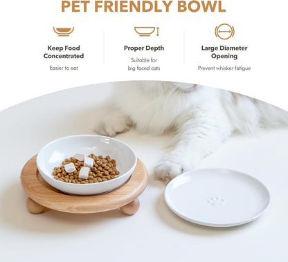 Raised Ceramic Wide Whisker Friendly Cat Dishes, Food&Water Bowl with 2 Style Stand Adjustable Pet Bowl Set(1Dish+1Shallow Dish+Stand, White
