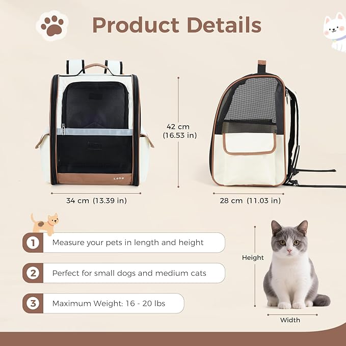Lekereise Ventilated Cat Backpack Carrier, Pet Carrier Backpack Airline Approved for Small Dogs Medium Cats Fit Up to 18 Lbs, Dogs Foldable Backpack Carrier for Travel, Hiking, Beige