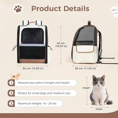 Lekereise Ventilated Cat Backpack Carrier, Pet Carrier Backpack Airline Approved for Small Dogs Medium Cats Fit Up to 18 Lbs, Dogs Foldable Backpack Carrier for Travel, Hiking, Beige