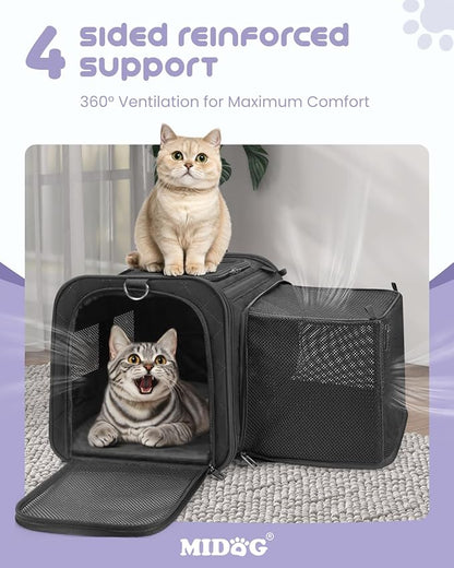 MIDOG Cat Carrier Soft for Small to Medium-Sized Cats,Up to 15 Lbs,TSA Airline Approved Soft Sided Pet Carrier,Collapsible Travel Cat Bag(Black)
