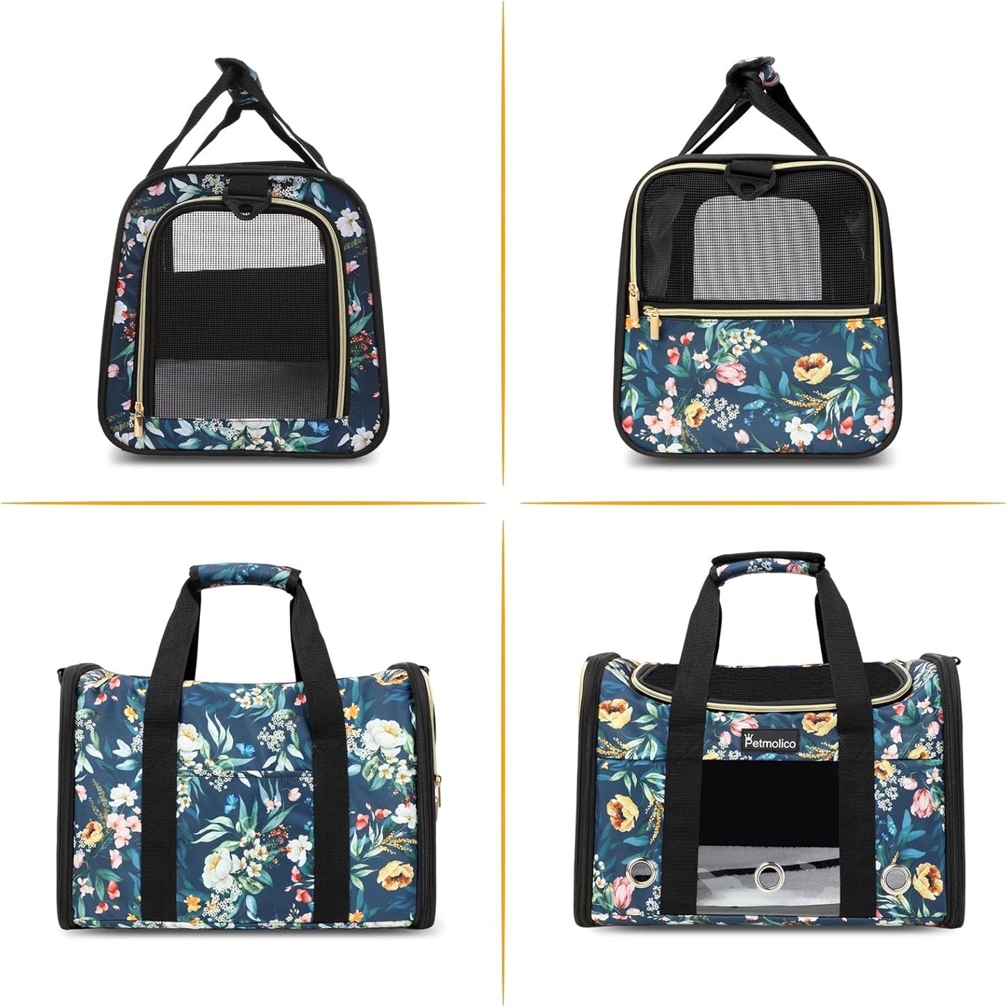 Petmolico Cat Carrier Soft-Sided Pet Bag for Small Medium Cats Puppies 16LBs - Airline Approved Pet Travel Carrier 3 Open Doors (Medium,Green Peony)