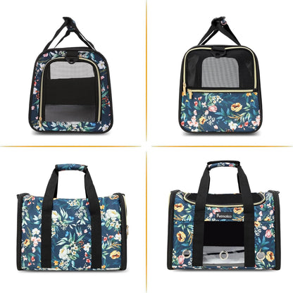 Petmolico Cat Carrier Soft-Sided Pet Bag for Small Medium Cats Puppies 16LBs - Airline Approved Pet Travel Carrier 3 Open Doors (Medium,Green Peony)