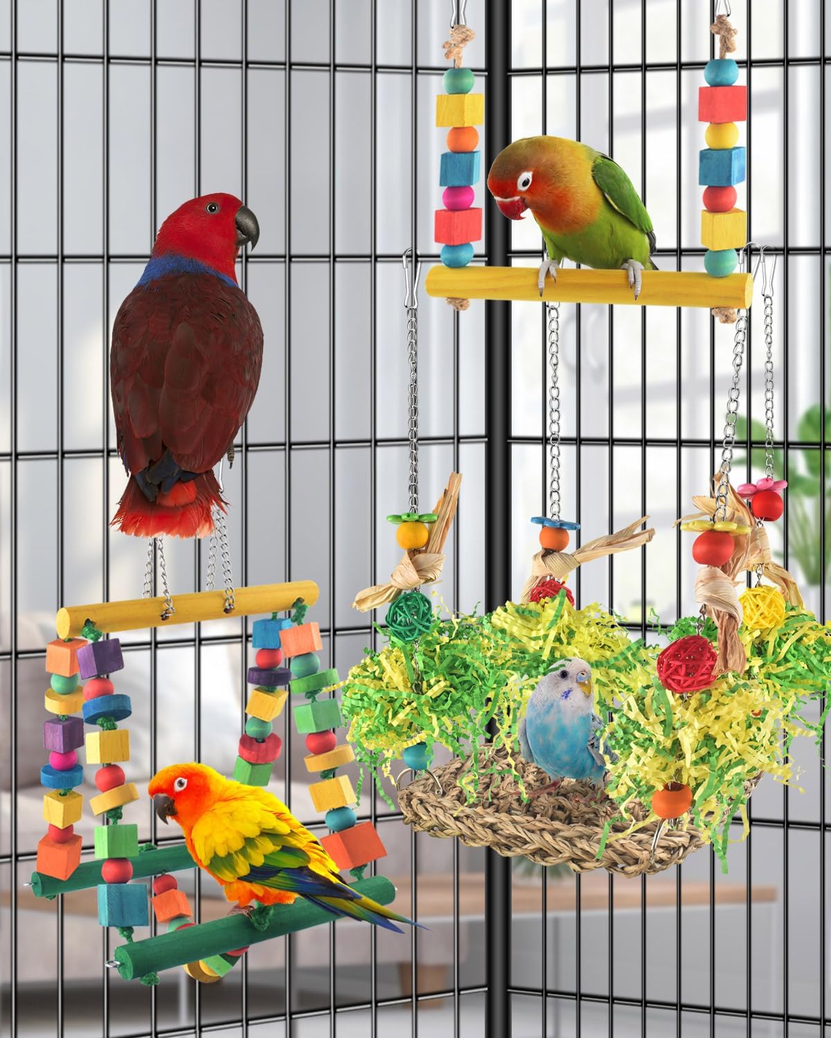 Bird Hammock Toys Parakeet Perches Swing, 3in1 Detachable Parrot Cage Accessories, Wooden Hanging Chew Toys for Small to Large Conure Cockatiel Quaker African Grey