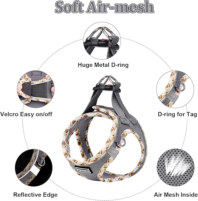 Mercano Soft Mesh Dog Harness and Leash Set, No-Chock Step-in Reflective Breathable Lightweight Easy Walk Vest Harnesses with Safety Buckle for Small Dogs, Cats (Grey, XXS)