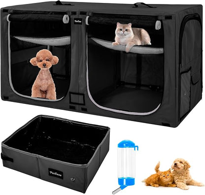 Huge Sapce Double Compartment Cat Travel Carrier with Litter Box & Homack | Cat Show Kennel Cage Crate with Mat & Water Bottle