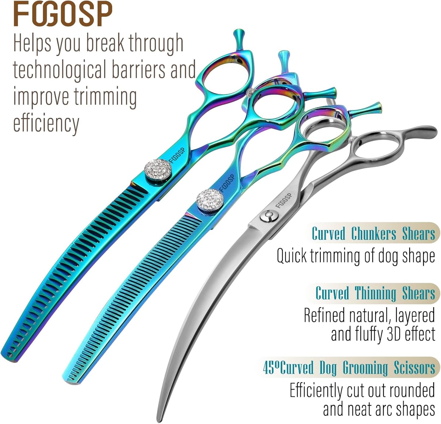 45°Curved Dog Grooming Scissors Curved Thinning Shears Curved Chunkers Dog Shears 3Pcs Combo (Turquoise)