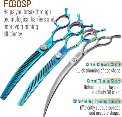 45°Curved Dog Grooming Scissors Curved Thinning Shears Curved Chunkers Dog Shears 3Pcs Combo (Turquoise)