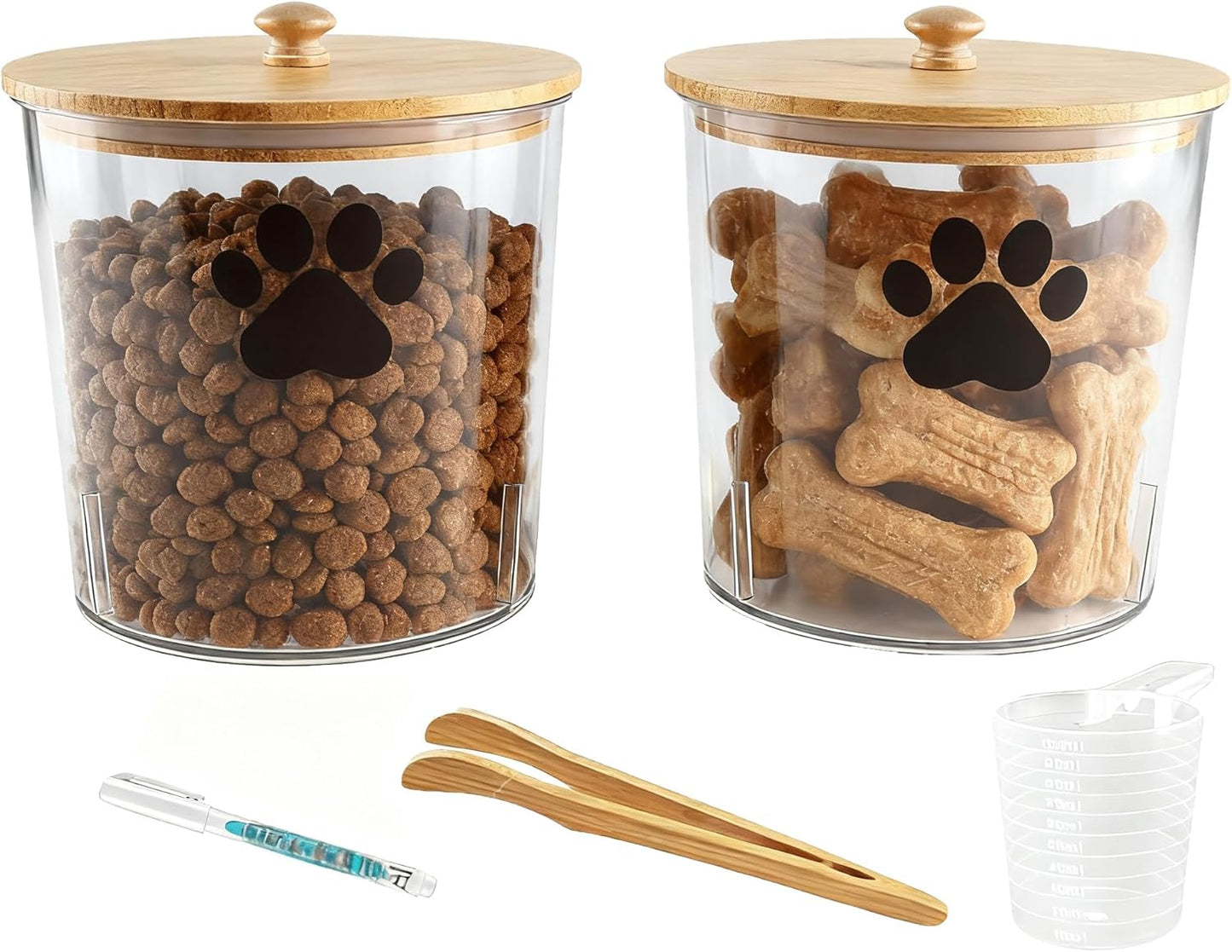 2 Pack Airtight Dog Treat Container,85oz Dog Cat Food Storage Container with Bamboo Lids,Puppy Cookie Jar,Up to 5~6LB,Pet Treat Canister with Scoops,Food Tong,Pen-Round