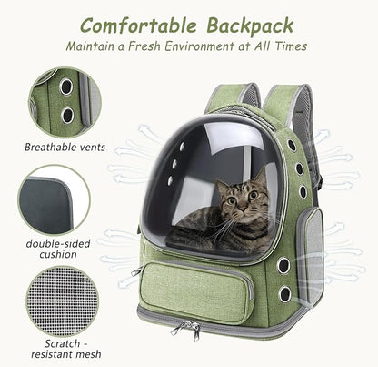 Cat Carrier with Groomer, Breathable Cat Bubble Carrier for Cats or Small Dogs up to 20 lbs, Collapsible Airline Approved, Clear Cat Travel Backpack (Green)