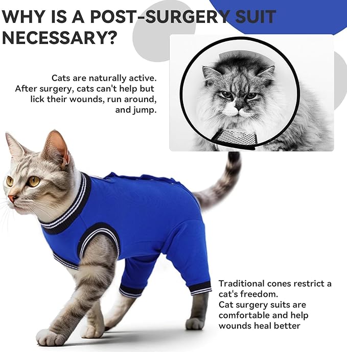 T'CHAQUE Cat Surgery Clothes Recovery Suit for Female Male, Cat Onesie Pet Surgical Pajamas Hind Legs Long Sleeve, Abdominal Wound Skin Diseases, E-Collar Alternative, Spay Recovery Suit, RoyalBlue-L