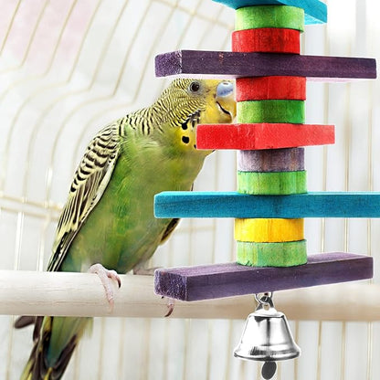 4 Pcs Bird Parrot Toys with Multicolored Natural Wood Blocks, Bird Chew Toys for Large Medium Parrots Macaws Lovebirds Doves Cockatiels Conures Parakeets Chewing Biting Foraging, 2 Designs