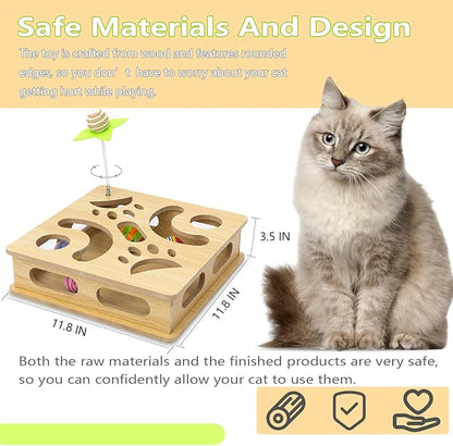 Interactive Wooden Cat Puzzle Toy Box Indoor Hunting Play Toy to Stimulate Your Cat’s Energy and Instincts (Burlywood)