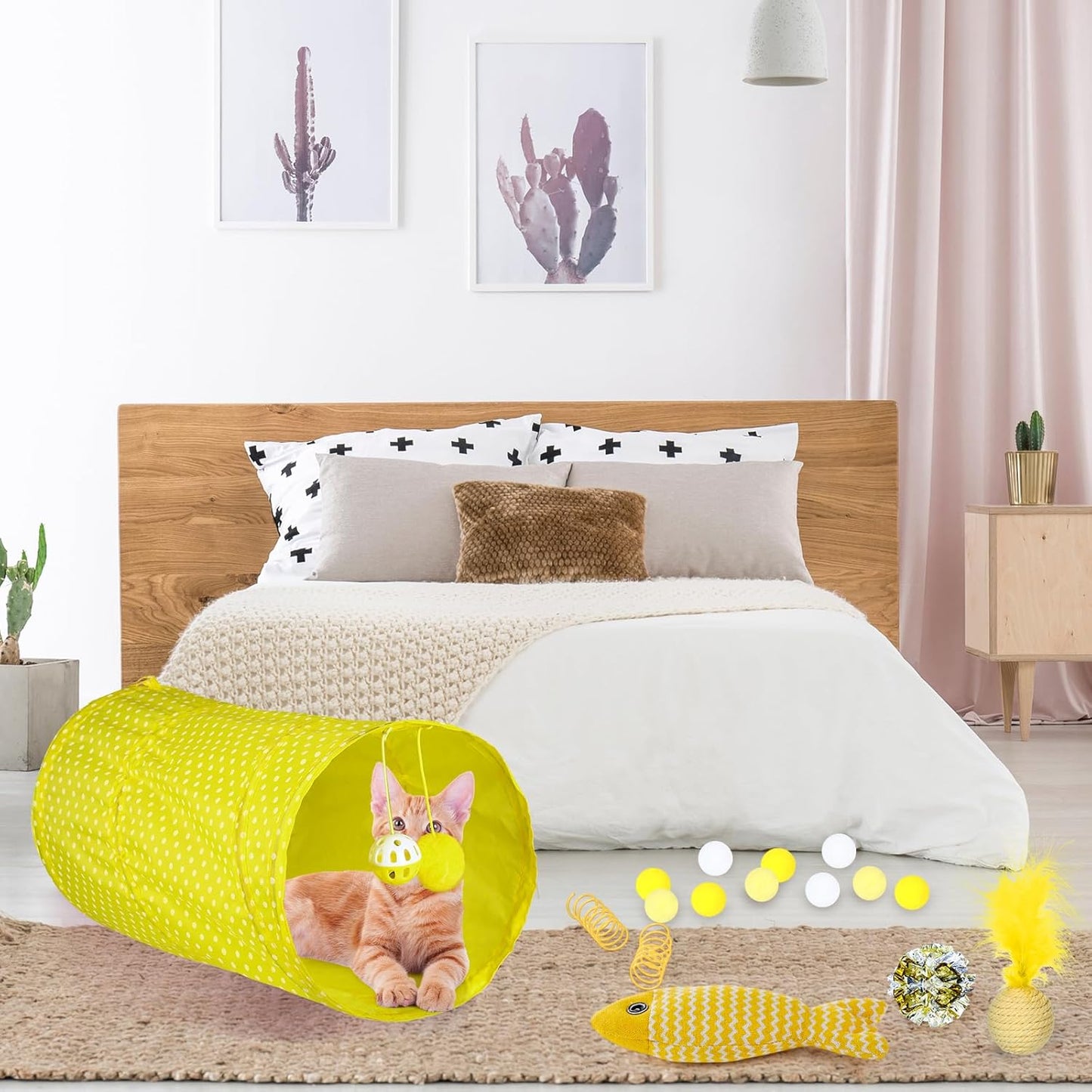 24 Pcs Cat Toys Set Interactive Kitten Toys Pack Including Collapsible Play Tunnel Feather Teaser Wand Fuzzy Ball Springs Pillow Mouse Bells for Indoor Cats Puppy (Yellow,Cute)