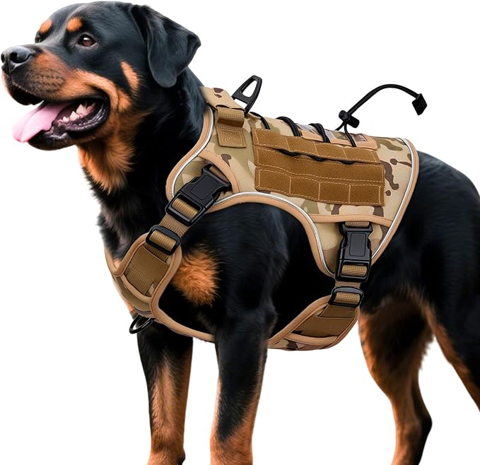 Heavy-Duty Tactical Dog Harness for Large Dogs, No Pull Adjustable Reflective Pet Vest with Molle System, K9 Military-Grade Control for Service Training, Outdoor & 10+ Breeds, Desert Camo, XX-Large