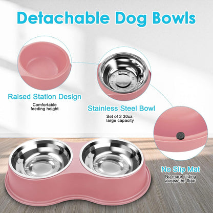 Dog Bowls Large Double Dog Water and Food Bowls Stainless Steel Bowls with Non-Slip Resin Station, Pet Feeder Bowls Food Dish for Small Medium Large Dogs Cats