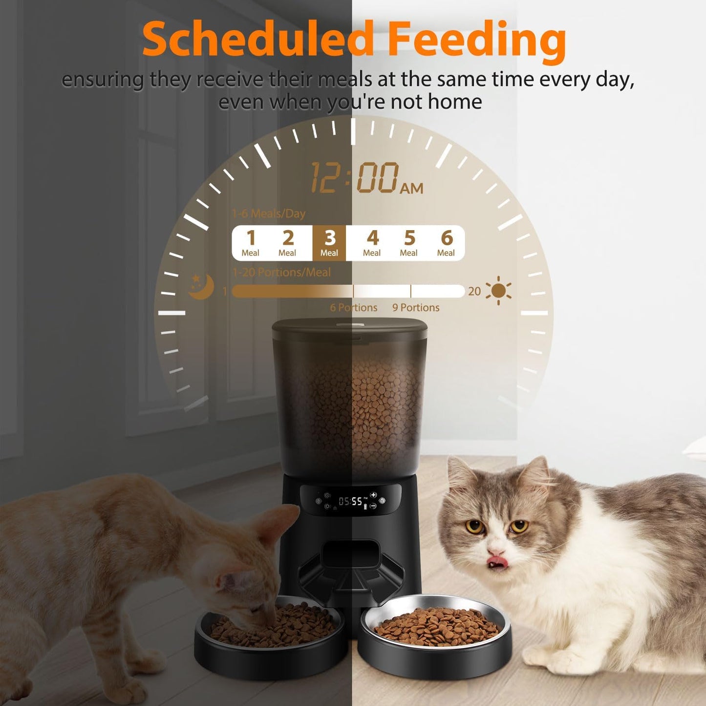 Automatic Cat Feeder and Water Fountain, 5L/20 Cups Timed Cat Dry Food Dispenser, 10s Meal Call, 20 Portions 6 Meals Per Day, 2L Cats Fountains for Drinking with Filter, Pet Feeder for Dog Black