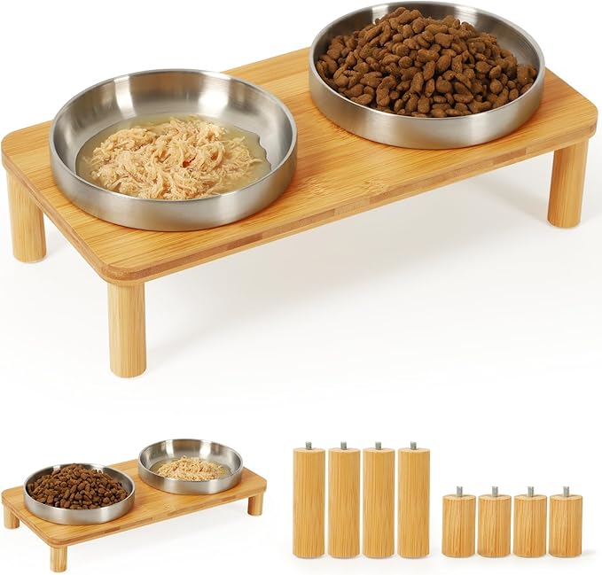 Elevated Cat Bowls for Indoor Cats – Raised Bamboo Cat Food Table with 2 Stainless Steel Dishes, Adjustable Height (4.25"/3.07"), Set of 1