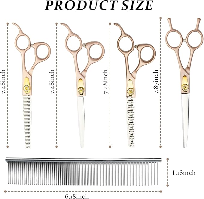 7.5‘’ Professional Dog Grooming Scissors Kit Rose Gold Stainless Steel Dog Scissors for Grooming 6 in 1 Grooming Shears Set for Dogs Cat Pet
