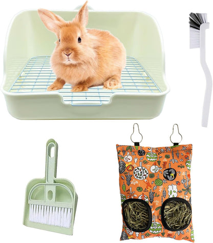 Rabbit Litter Box with Hay Bag, 4-in-1 Rabbit Potty Toilet Feeding Cleaning Set for Dwarf Bunny Guinea Pig Chinchilla (White)