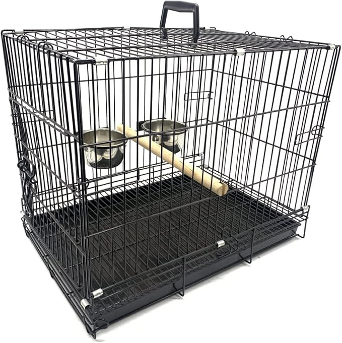 Metal Foldable Bird Parrot Travel Vet Carrier Cage with Wooden Perch and Stainless Steel Dishes Prevent Beaks Out
