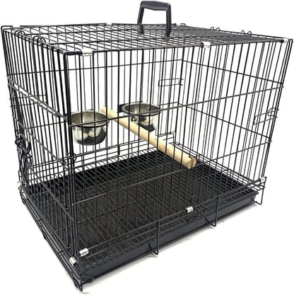 Metal Foldable Bird Parrot Travel Vet Carrier Cage with Wooden Perch and Stainless Steel Dishes Prevent Beaks Out